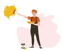 Worker painting the wall in an apartment.  Painter coloring the house. Renovation, repair works. Master professional service. Advertisement, banner. Flat vector illustration.