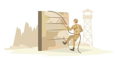 Army training, military training. Solider climbing over an obstacle. Physical training in the military camp, base. Sport. Fight, combat preparation. Flat vector illustration.