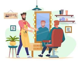 Barber and client in the barbershop. Stylist shows the result of shaving, haircutting. Salon interior. Beauty treatment for men. Flat vector illustration.