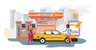 Petrol station attendant filling up customer car. Service.  Oil and gas, fuel. vector