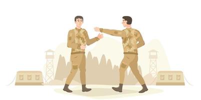 Army training, military training. Solider practicing wrestling. Hand-to-hand fight. Physical training in the military camp, base. Sport. Fight, combat preparation. Flat vector illustration.