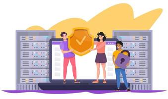 Data safety concept. Characters holding shield, protecting account and data on the computer. Antivirus service. Biometric access. Biometrics verification and identification. Password, log in vector