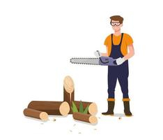 Worker sawing logs with electric saw.  Timber wood, lumberjacks. Woodcutter, carpenter working.  Firewood preparation. Poster, banner. Flat vector illustration