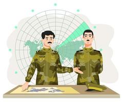 militares desarrollando el plan, mirando el mapa. misión de guerra, planificación de la operación. soldado, comandante en jefe. ejército, base militar ilustración vectorial plana. vector