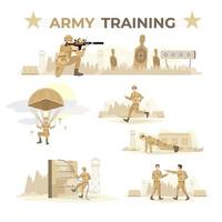 Set of army training illustrations. Soldiers running, jumping, making press-ups, climbing over an obstacle, jumping with a parachute, combating, shooting from the rifle. War practice, exercise. vector