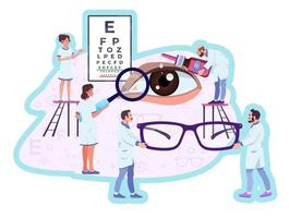 Ophthalmology concept, metaphor. Eye doctors, oculists. Opticians, ophthalmologists holding eyeglasses. Eyesight examination, checkup. Vision chart. Drops, remedy for disease treatment. vector