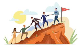 Teamwork concept. Group of people climbing a mountain. Company employees working together. Mutual achievement of the goal. Team building. People helping and supporting each other at work. vector