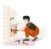 Plumber fixing the pipes in the bathroom. Man repairing basin fittings. Leakage. Plumbing services. Renovation, repair works. Master professional. Advertisement, banner. Flat vector illustration.