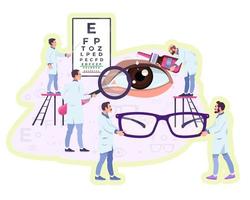 Ophthalmology concept. Eye doctors, oculists. Opticians, ophthalmologists holding eyeglasses. Eyesight examination, checkup. Vision chart. Drops, remedy for disease treatment. vector