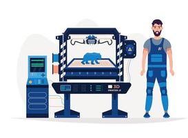 impresora 3d industrial y operador aislados. Impresión 3d de un modelo. Impresión 3d, fabricación aditiva. tridimensional. ilustración vectorial plana. vector