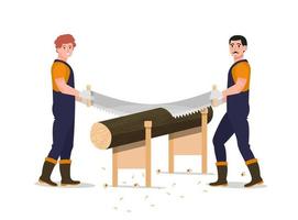 Men sawing the log with a manual saw. Woodcutters, carpenter working. Firewood preparation. Poster, banner. Flat vector illustration.
