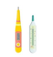 Mercury and electronic thermometers isolated. Set, collection of thermometers. Flat vector illustration.