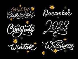 Merry Christmas. 2023 Happy New Year, typography lettering badge emblems quotes set collection. Vector logo design for postcard, invitation, greeting card, poster, gift.