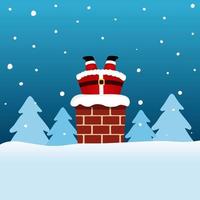 Santa Claus stuck in the Chimney. Greeting card with funny Santa Claus. Merry Christmas and Happy New Year. Vector illustration.