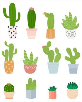 linda planta de cactus en macetas. plantas de interior en un estilo plano. conjunto de ilustración vectorial vector
