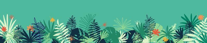 banner horizontal tropical vectorial con espacio de copia. fondo floral con varias hojas de palma. telón de fondo de verano de la selva. vector