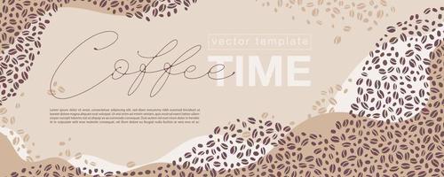 banner horizontal dibujado a mano para campañas de marketing, publicidad, promociones. granos de café de colores y letras de tiempo de café en el centro con cuadros de texto. vector