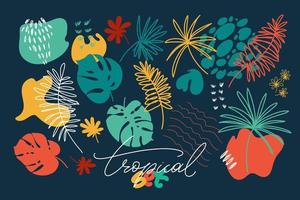 Tropical floral flat hand drawn elements. Set of modern organic shapes, strokes and palm leaves bright color. vector