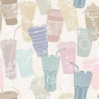 Hand drawn seamless pattern with coffee cups various shapes with drinking straws. Mute colors repeatable background. vector