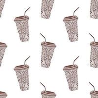 Vector seamless pattern with coffee to go cups with drinking straws and coffee beans inside. Beige and white repeatable background.