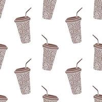 Vector seamless pattern with coffee to go cups with drinking straws and coffee beans inside. Beige and white repeatable background.