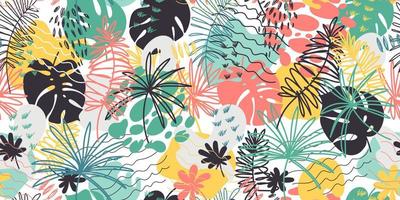 Vector seamless pattern with floral hand drawn elements. Bright color tropical background. Jungle repeatable backdrop.