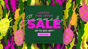 Summer sale limited time offer horizontal banner with bright passion fruit pattern on the background. Vector template for sales, promo, ads. Bright floral vector illustration with text blocks.