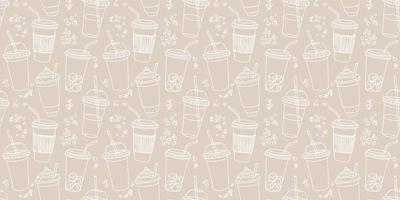 Hand drawn seamless pattern with coffee cups various shapes with drinking straws. Beige and white linear funny background. vector