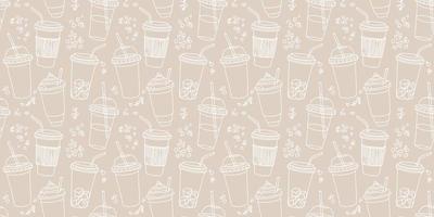 Hand drawn seamless pattern with coffee cups various shapes with drinking straws. Beige and white linear funny background. vector