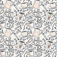 Vector hand drawn seamless pattern. Various cups sketch style drawn background with sugar, spoons, bubbles and coffee beans. Hand drawn linear graphic backdrop.