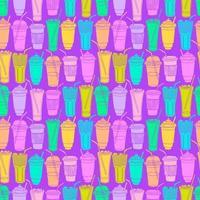 Hand drawn seamless pattern with to go cups and glasses various shapes bright acid colors on vivd violet color background. Bright summer funny repeatable backdrop. vector