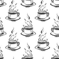 Vector seamless pattern with sketch style hand drawn cups of coffee or tea with steam. Simple monochrome background.