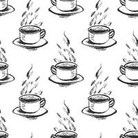 Vector seamless pattern with sketch style hand drawn cups of coffee or tea with steam. Simple monochrome background.