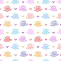 Hand drawn seamless pattern with coffee cups various shapes with drinking straws. Beige and white linear funny background. vector