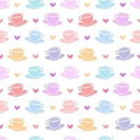 Hand drawn seamless pattern with coffee cups various shapes with drinking straws. Beige and white linear funny background. vector