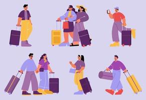 Tourists travel with suitcases and bag vector