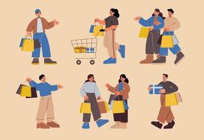 Sale and shopping people set, isolated customers vector