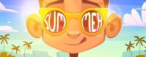 Monkey face in sunglasses, summer word on glass vector