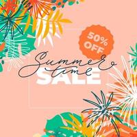 Summer time special offer horizontal banner with tropical leaves and flat elements. Vector template for sales, promo, ads. Bright floral vector illustration with text blocks.