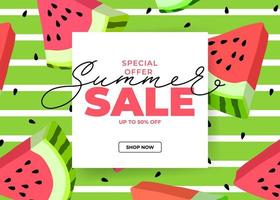 Summer sale special offer horizontal banner with watermelon slices. Vector template for sales, promo, ads. Bright seasonal vector illustration with text blocks.