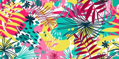 Vector seamless pattern with floral hand drawn elements. Bright color tropical background.