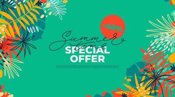 banner horizontal de oferta especial de verano con hojas tropicales y elementos planos. plantilla vectorial para ventas, promociones, anuncios. ilustración de vector floral brillante con bloques de texto.