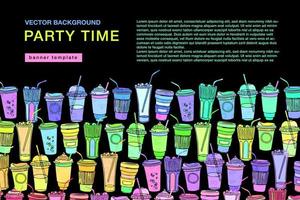 Horizontal black color banner with various bright to go cups in bottom part for marketing campaign, advertising, promotions. Party time flyer template. vector
