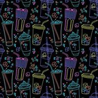 Vector seamless pattern with neon like various linears cocktail glasses with straws, bubbles and ice cubes. Colorful party time repeatable background.