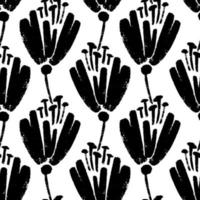 Vector seamless pattern of ink drawing wild plants, herbs and flowers, monochrome botanical illustration, floral elements, hand drawn repeatable background. Artistic backdrop.