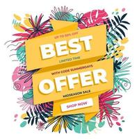 Best offer summer sale square banner with bright hand drawn tropical leaves on the background. Vector template for sales, promo, ads. Bright floral vector illustration with text blocks.