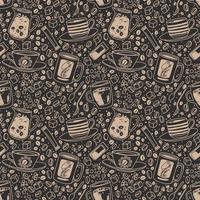 Vector hand drawn seamless pattern. Various cups sketch style drawn background with sugar, spoons, bubbles and coffee beans. Hand drawn linear graphic backdrop.