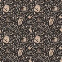 Vector hand drawn seamless pattern. Various cups sketch style drawn background with sugar, spoons, bubbles and coffee beans. Hand drawn linear graphic backdrop.