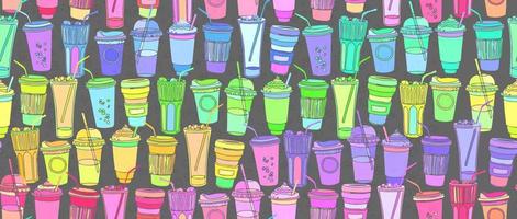 Hand drawn seamless pattern with to go cups and glasses various shapes bright acid colors and bubbles on background. Bright summer funny repeatable backdrop. vector