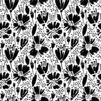 Vector seamless pattern of ink drawing wild plants, herbs and flowers, monochrome botanical illustration, floral elements, hand drawn repeatable background. Artistic backdrop.